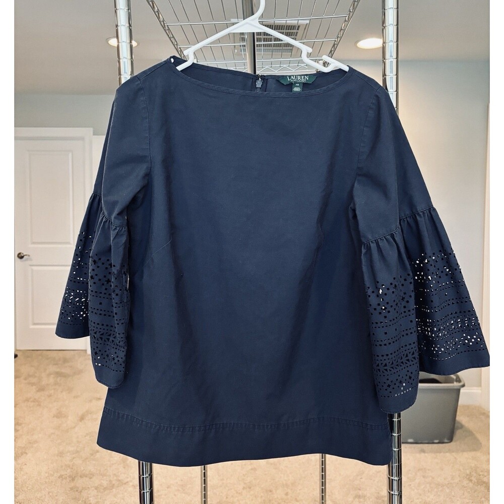 Lauren Ralph Lauren Womens Blue Boat Neck Laser Cut Bell Sleeve Blouse Size XS